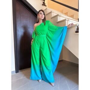 Elegant Ombré Green and Blue One-Shoulder Jumpsuit